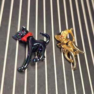 Vintage MCM Enamel Cat Brooch Set Articulated Bobble Head & Gold Tone